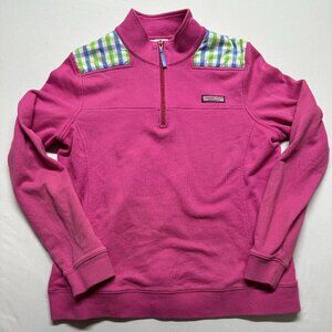 Vineyard Vines Shep Shirt Quarter Zip Pullover | Pink w/ Gingham Trim | Size L